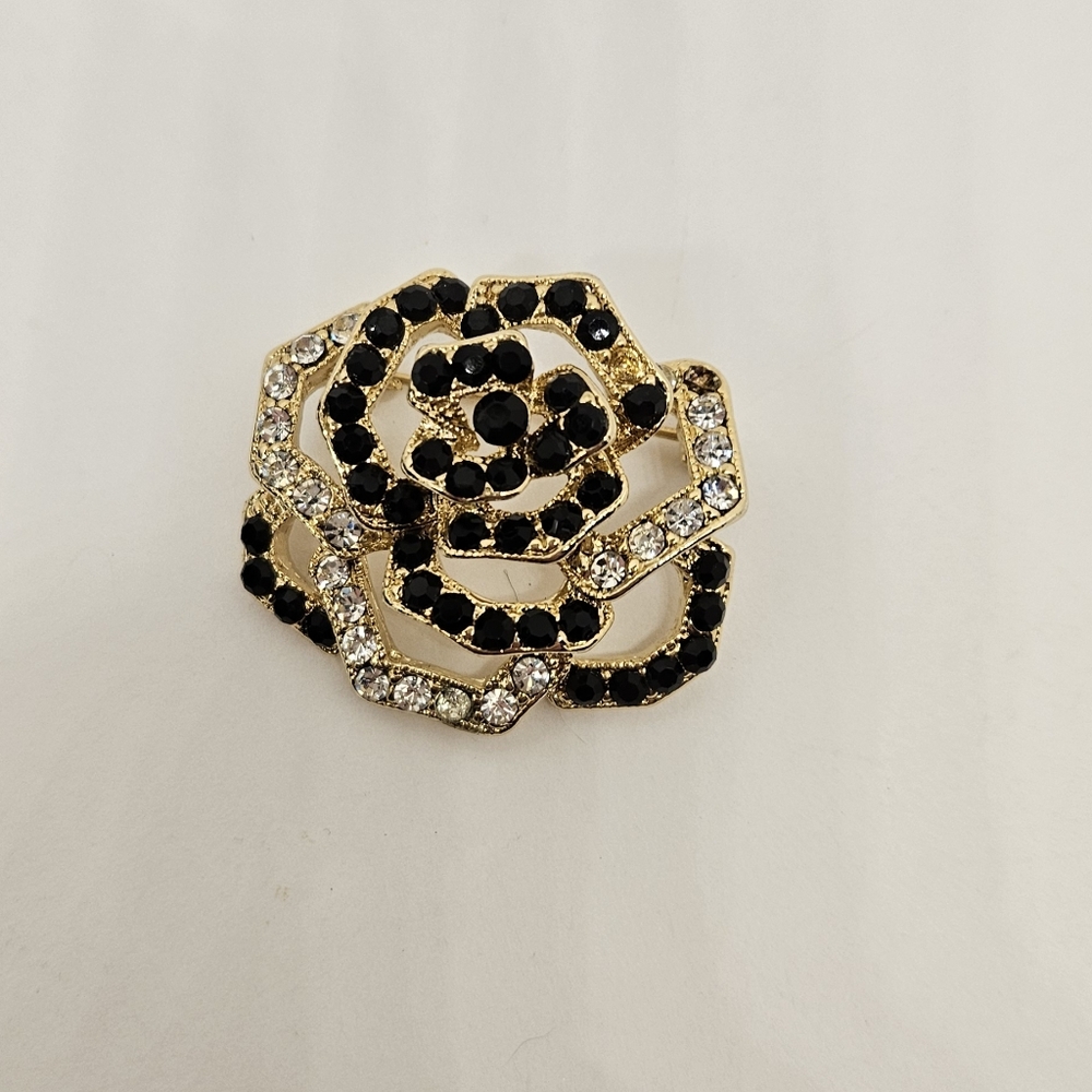 Flower Brooch Pin Rose Black Clear Rhinestones Crystals Open Work Multilayer